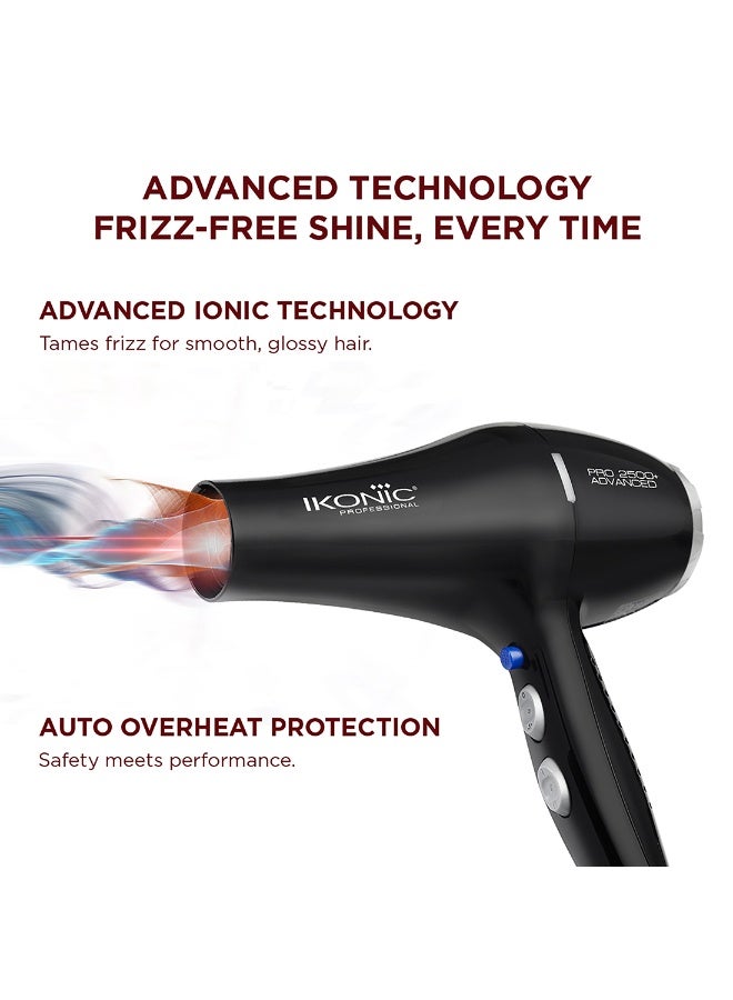 أي كونيك مجفف شعر احترافي متطور Ikonic Professional 2500+، باللون الأسود، قدرة مزدوجة 2400–2800 واط، محرك AC بسرعة 23,000 دورة في الدقيقة، تقنية الأيونات للتحكم في التجعد، 3 إعدادات للحرارة و2 إعدادات للسرعة، زر هواء بارد (Cool Shot)، فوهتان للتصفيف، حماية من ارتفاع درجة الحرارة، مناسب لجميع أنواع الشعر. - Image 4